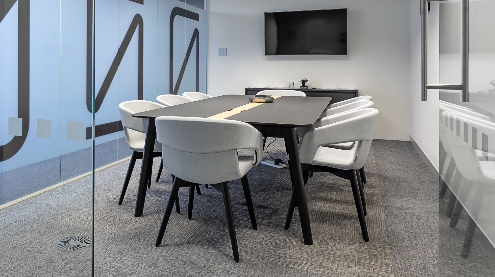 Boardroom Table In Black With Grey Chairs