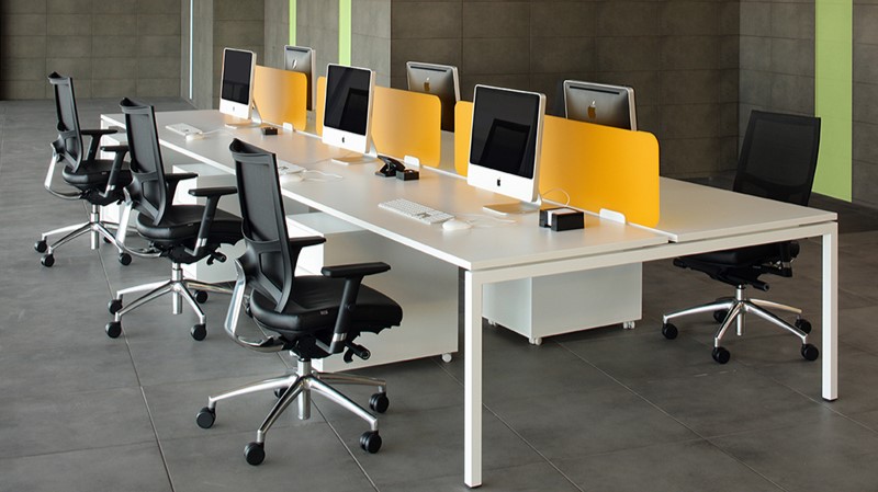 Bench Desking In White With Orange Perspex Screens