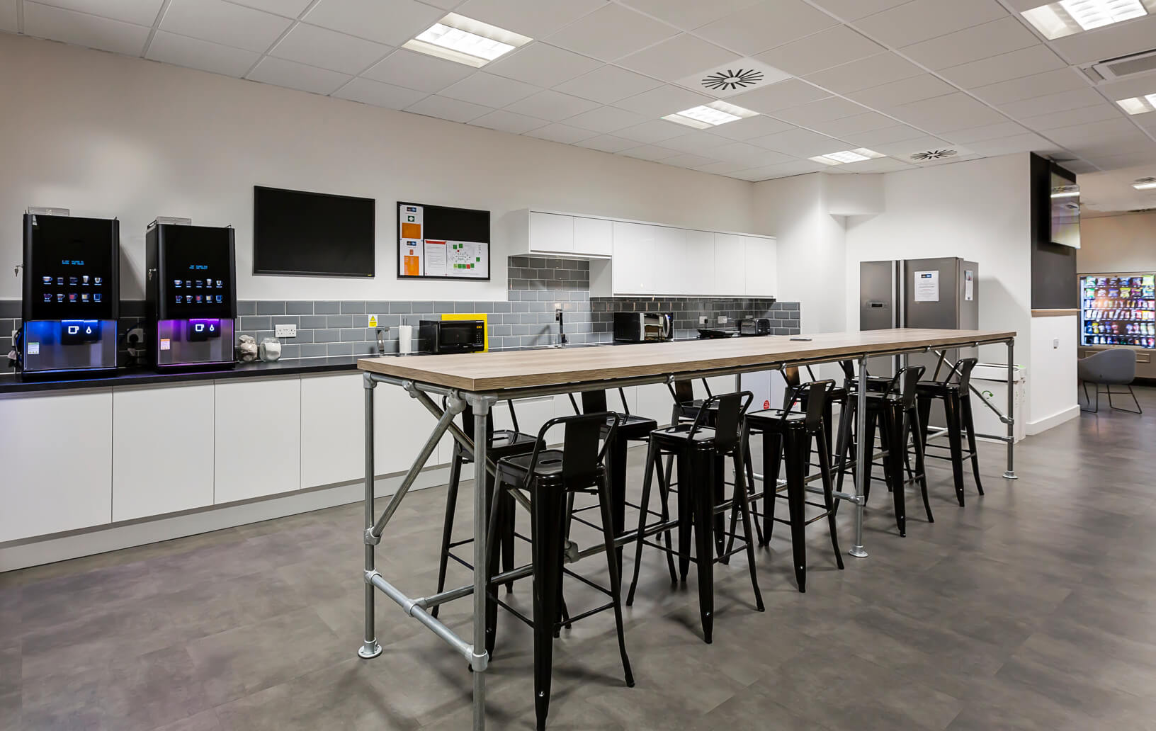 Wiggle Office Interiors And Furniture Case Study Portsmouth Team Kitchen Area With Barstool Bench